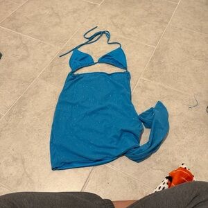 Fashion Nova Aqua Glitter Mesh Mini Dress